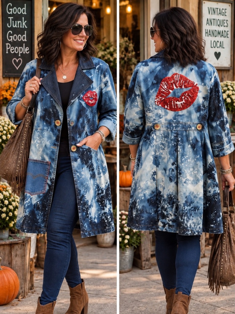 Y2K Vintage UpCycled Denim Sequin Bling Red Lips Gypsy 3/4 Duster Coat Jacket